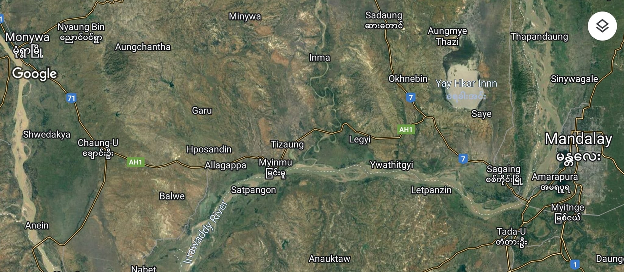 (မုံရွာ-မန္တ​လေးလမ်းကို Google Map တွင်​တွေ့ရပုံ)