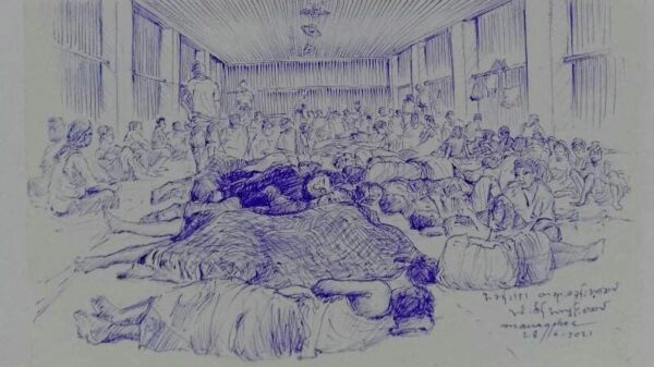 နွေဦးတော်လှန်ရေးအတွင်း စစ်အာဏာရှင်ဆန့်ကျင်သူတွေကို အင်းစိန်ထောင် တရားစခန်းလို့ခေါ်ဝေါ်တဲ့အဆောင်မှာ ဖမ်းဆီးထားပုံ (ဓာတ်ပုံ − ရိုက်တာ)