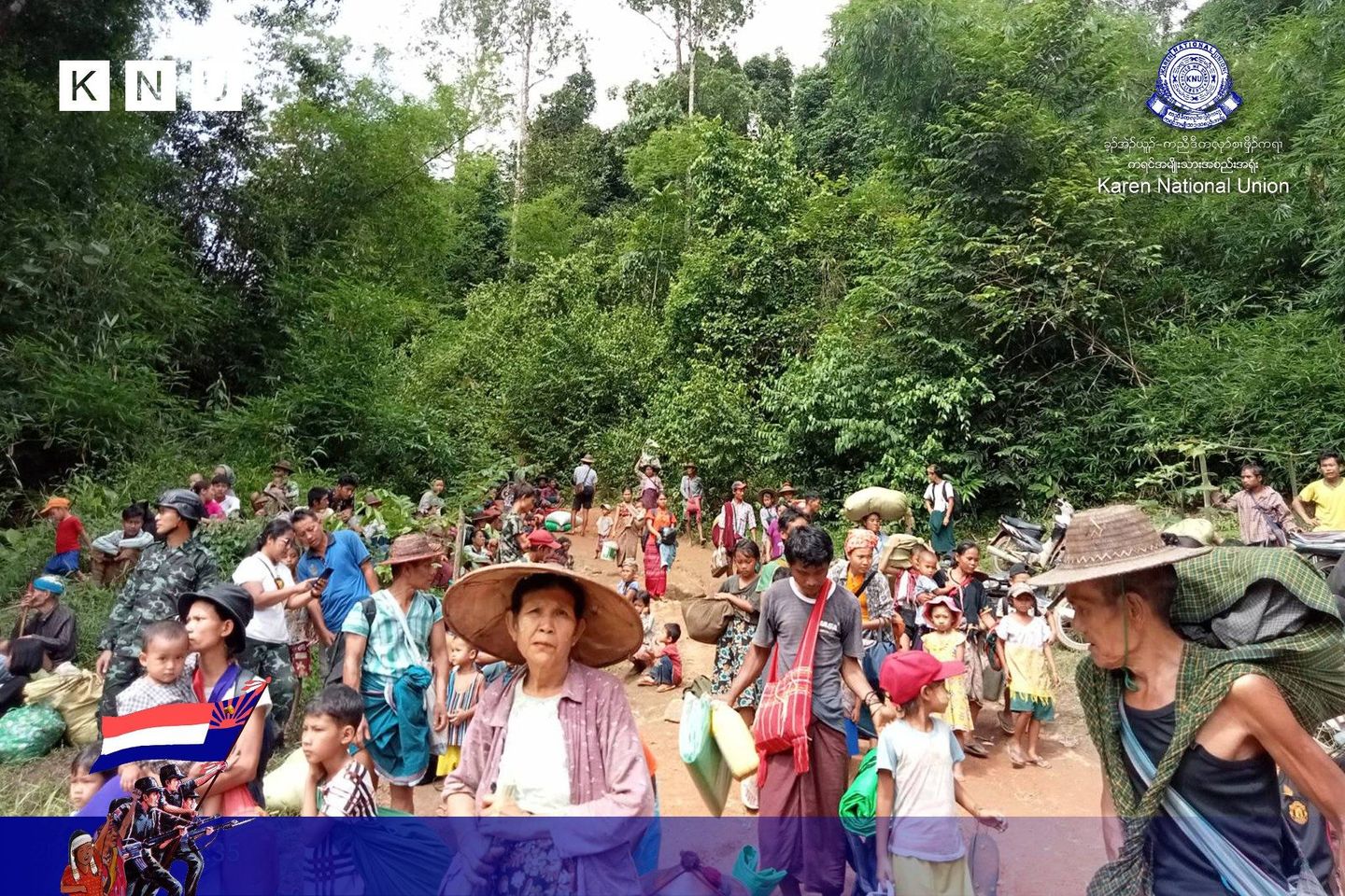 (ညောင်လေးပင်ခရိုင်၊ ကျောက်ကြီးမြို့နယ်နှင့် မုန်းမြို့နယ်တွင် ဇွန်လ၂၈ရက်က အာဏာသိမ်းအကြမ်းဖက်စစ်ကောင်စီမှ ကျေးရွာများအတွင်းသို့ လက်နက်ကြီး၊ လက်နက်ငယ်များ ပစ်ခတ်ခြင်း၊ ကျေးရွာပြည်သူလူထုများကို ကျေးရွာများမှ ထွက်ခွာရန် မောင်းထုတ်ခြင်းကြောင့် ဘေးလွတ်ရာတိမ်းရှောင်နေရသော ကလေးငယ်များအပါအဝင် ဒေသခံများအား တွေ့ရစဥ်၊ ဓာတ်ပုံ - KNU)
