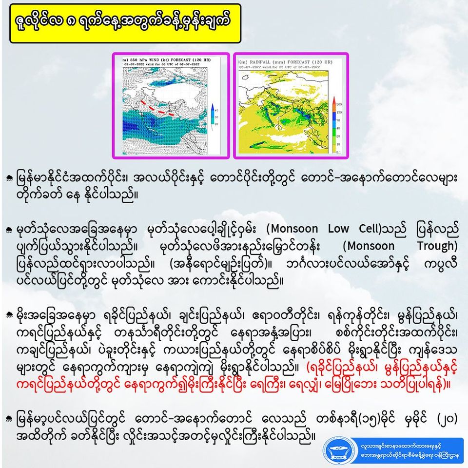 တနင်္သာရီကမ်းရိုးတန်းနဲ့ ရခိုင်၊ မွန်နဲ့ ကရင်ပြည်နယ်တွေကို မိုးသတိပေး