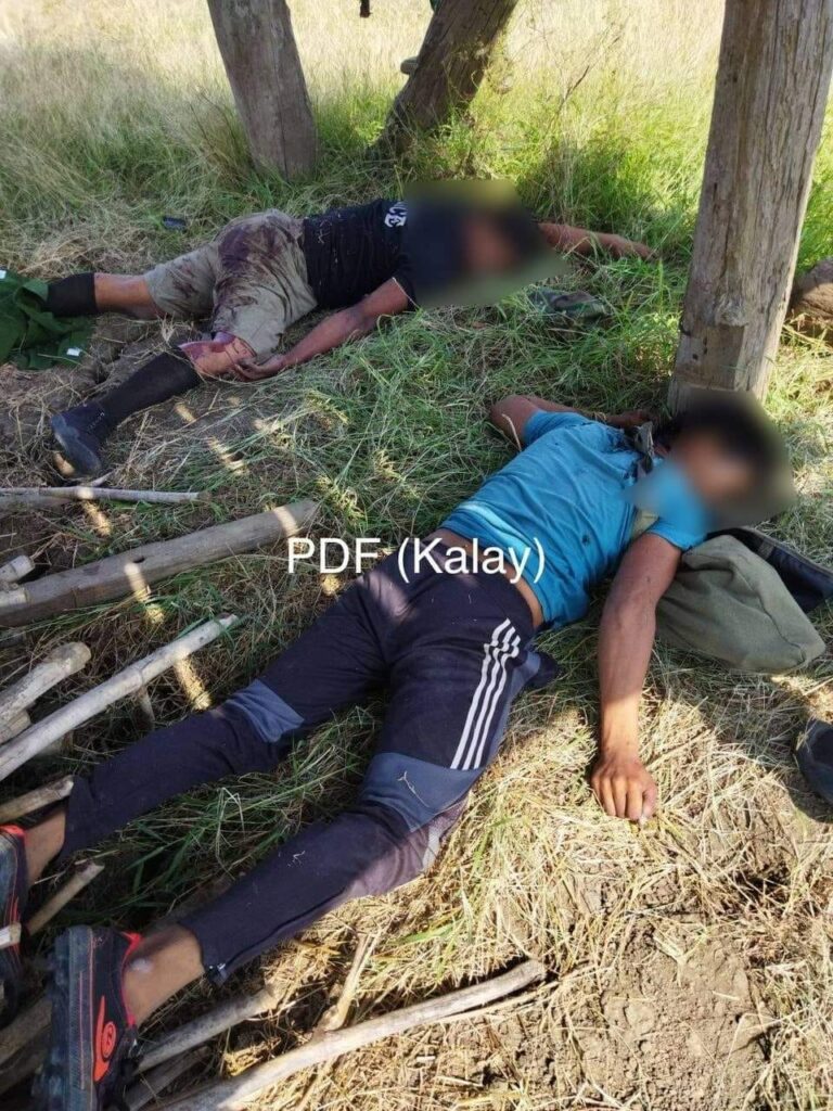 ကလေးမြို့နယ်တောင်ပိုင်းတွင် ဧပြီ ၂၂ ရက်ကတိုက်ပွဲ၌ ပျူစောထီးများသေဆုံးနေစဥ်။ ။ဓါတ်ပုံ-PDF(Kalay)