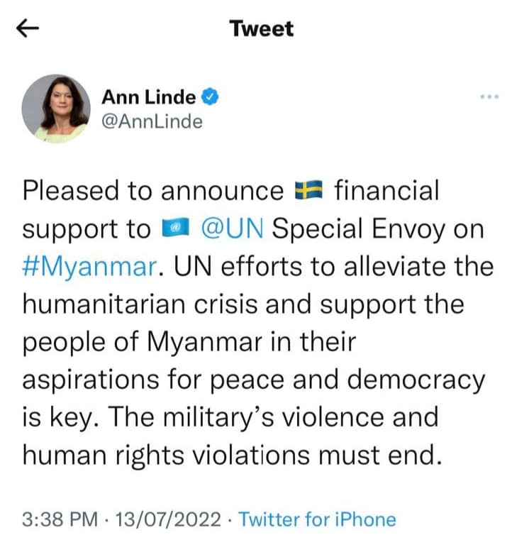 ဆွီဒင်နိုင်ငံခြားရေးဝန်ကြီးတွစ်တာတွင်ရေးသားထားမှု