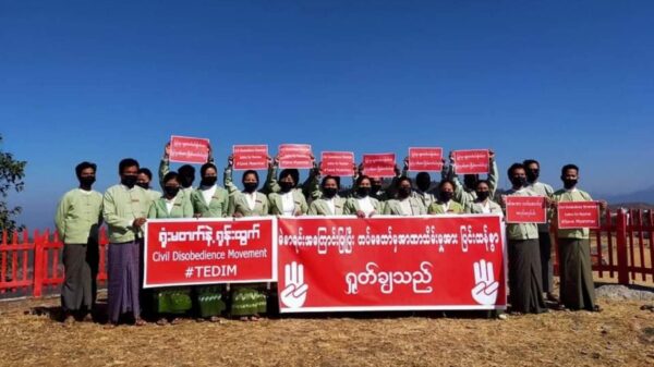 ချင်းပြည်နယ်၊ တီးတိန်မြို့နယ်၊ မြို့နယ်အထွေထွေအုပ်ချုပ်ရေးမှူးရုံးဝန်ထမ်းများ CDM လှုပ်ရှားမှုတွင် ပါဝင်ခဲ့ကြစဉ်။ ဓာတ်ပုံ -CJ