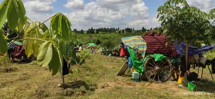 (ထွက်ပြေးတိမ်းရှောင်လာသည့်မီးနေသည်နှင့်ပြည်သူများ။ ဓာတ်ပုံ-ခင်ဦးမြို့နယ်သတင်းမှန်ပြန်ကြားရေး)