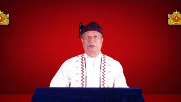 (အမျိုးသားညီညွတ်​ရေးအစိုးရ ယာယီသမ္မတမိန့်ခွန်း​ပြောကြား​နေစဥ်။ ။ဓါတ်ပုံ-NUG)