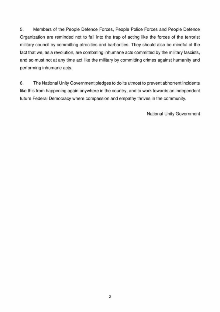 တမူး၌အမျိုးသမီးတစ်ဦးပစ်သတ်ခံရမှု စုံစမ်းစစ်ဆေးပြီး မည်သူကျူးလွန်သည်ဖြစ်စေအရေးယူမည်ဟု NUG ထုတ်ပြန်