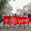 (ရန်ကုန်မြို့တစ်နေရာတွင် အာဏာသိမ်းစစ်ကောင်စီကို ဆန့်ကျင်ကြောင်း ပြီးခဲ့သည့် ဇွန်လ၅ ရက်က လူငယ်များ ဆန္ဒပြနေစဉ်။ ဓာတ်ပုံ​ - ရန်ကုန်တော်လှန်ရေးအင်အားစု - YRF)