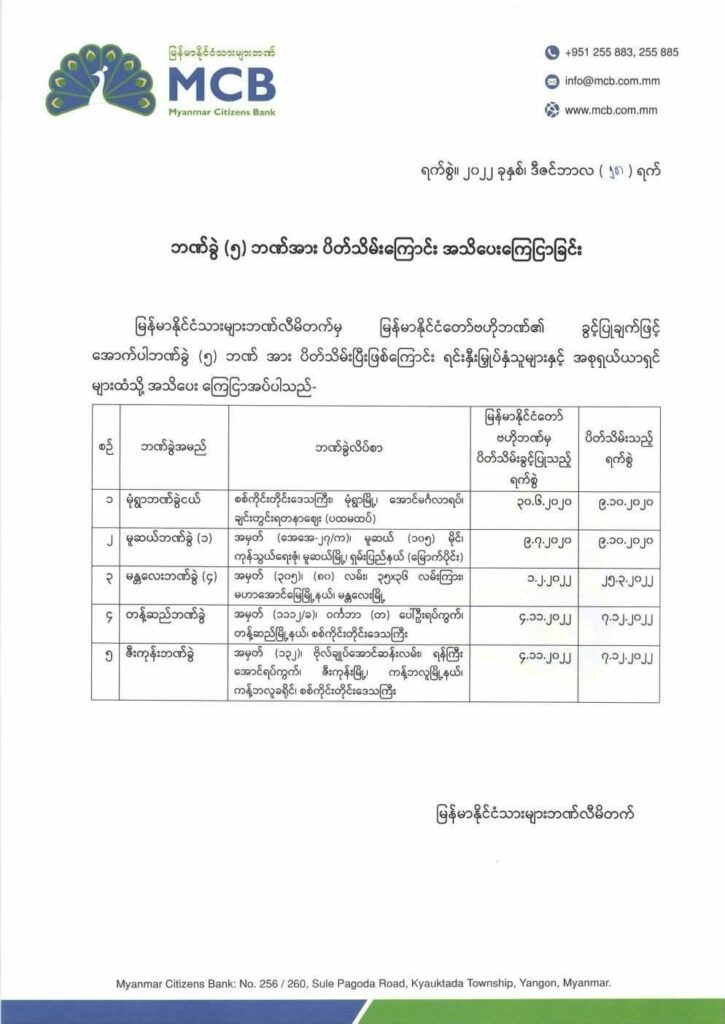 ပထမပုဂ္ဂလိကဘဏ်၏ ဘဏ်ခွဲ ၅ ခုပိတ်​ကြောင်း​ကြေညာချက်
