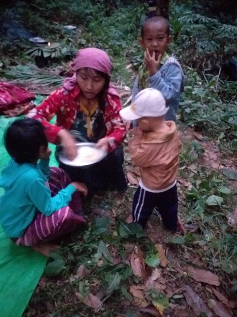 (တိုက်ပွဲကြောင့် တောတွင်းတစ်နေရာသို့ ထွက်ပြေးတိမ်းရှောင်နေရသော ကော့ကရိတ်နယ် ဒေသခံများ၊ ဓာတ်ပုံ - ဒေသခံ)
