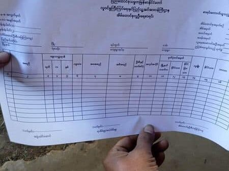 ဒေသအချို့တွင် စစ်​ကောင်စီက ​ရွေးကာက်ပွဲအတွက်ဆိုကာ လူဦး​ရေစာရင်း​ကောက်ခံ​သော ​ပုံစံစာရွက် ။ ဓါတ်ပုံ-CJ