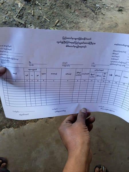 ဒေသအချို့တွင် စစ်​ကောင်စီက ​ရွေးကာက်ပွဲအတွက်ဆိုကာ လူဦး​ရေစာရင်း​ကောက်ခံ​သော ​ပုံစံစာရွက် ။ ဓါတ်ပုံ-CJ