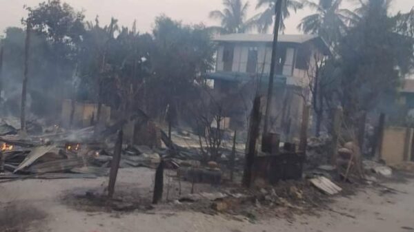 ထုံးဘိုရွာ မီးရှို့ဖျက်ဆီးခံရပြီးနောက် တွေ့ရစဥ်နှင့် ကျဆုံးခဲ့သော ရဲဘော်အား တွေ့ရစဉ်၊ ဓာတ်ပုံ-နဂါးနီပြောက်ကျားတပ်ဖွဲ့
