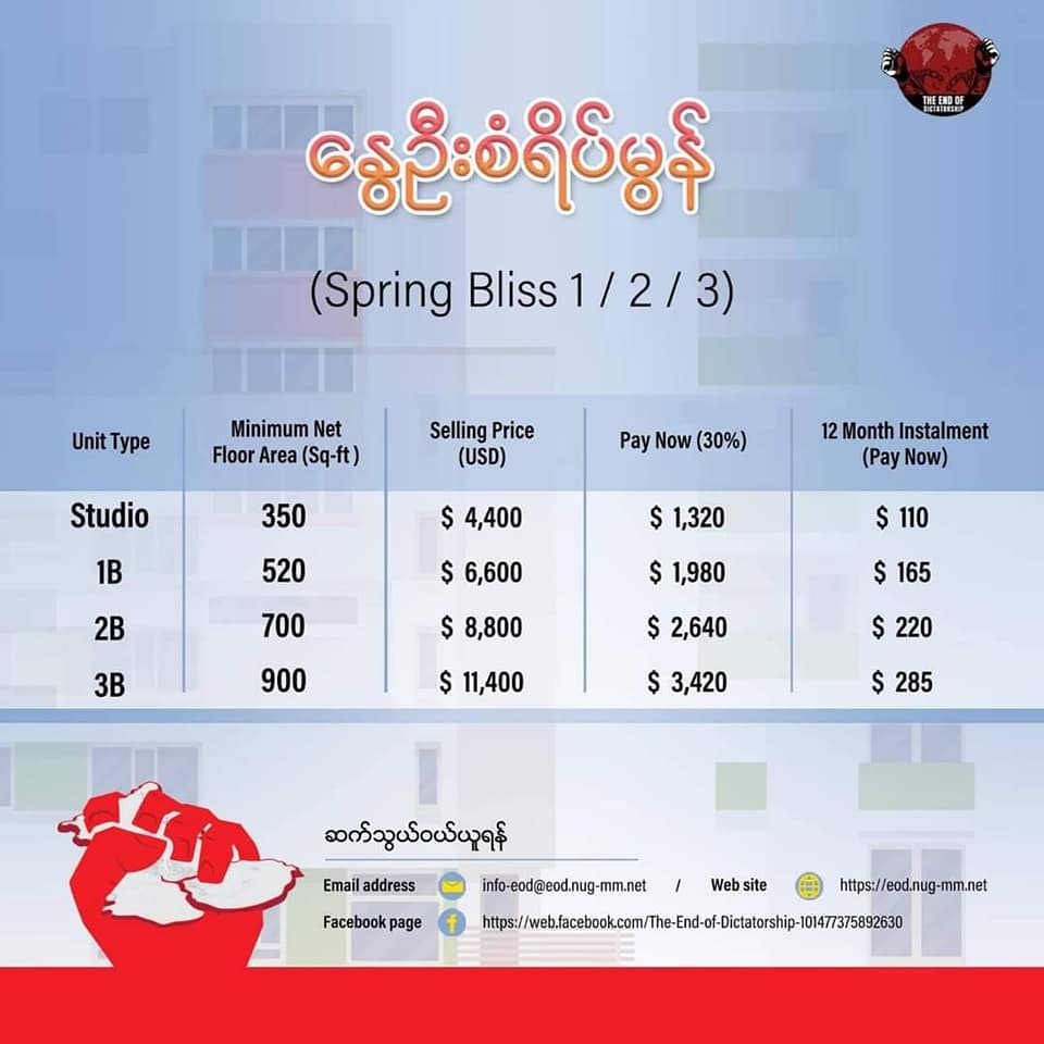 (စစ်တပ်သိမ်း​မြေများတွင် ​နွေဦး​တော်လှန်​ရေး ရန်ပုံ​ငွေအတွက် ​ရောင်းချမည့်အိမ်ရာများ။ ပုံစံငယ်-EOD)