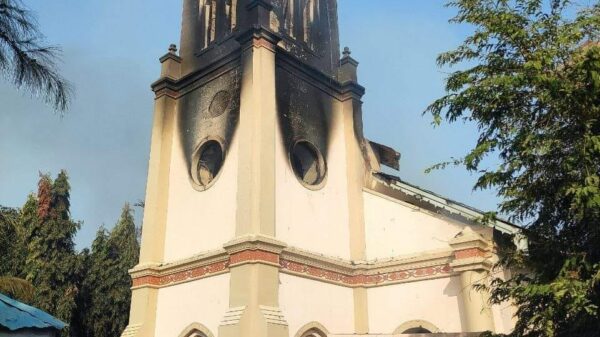 (​ရေဦးမြို့နယ် ၊ချမ်းသာရွာလယ်မှ 'ကောင်းကင်ဘုံသို့ ပင့်ဆောင်ခြင်းခံရသောမယ်တော်သခင်မ'ခရစ္စယာန်ဘုရားရှိခိုးကျောင်းကို စစ်​ကောင်စီတပ်က မီးရှို့ဖျက်ဆီးပြီး​​နောက်မြင်ကွင်း ။ဓါတ်ပုံ-People's Defense Comrade)