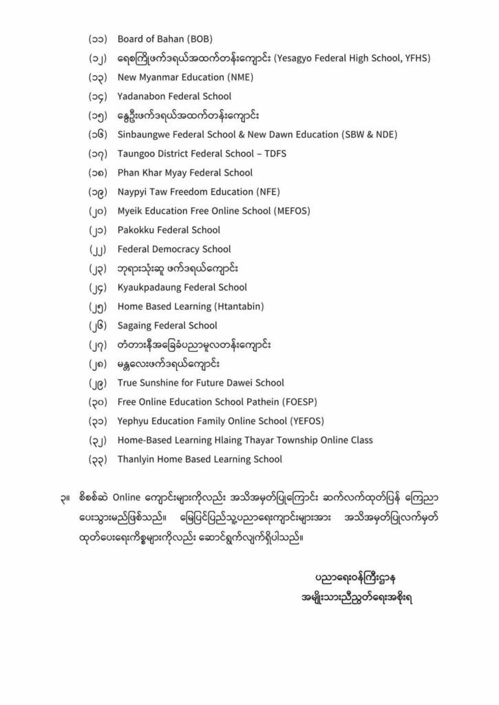 NUG အစိုးရ ပညာရေးဝန်ကြီးဌာနက ကြားကာလပြည်သူ့အခြေပြု ပညာရေးကျောင်းစာရင်းများ ထုတ်ပြန်