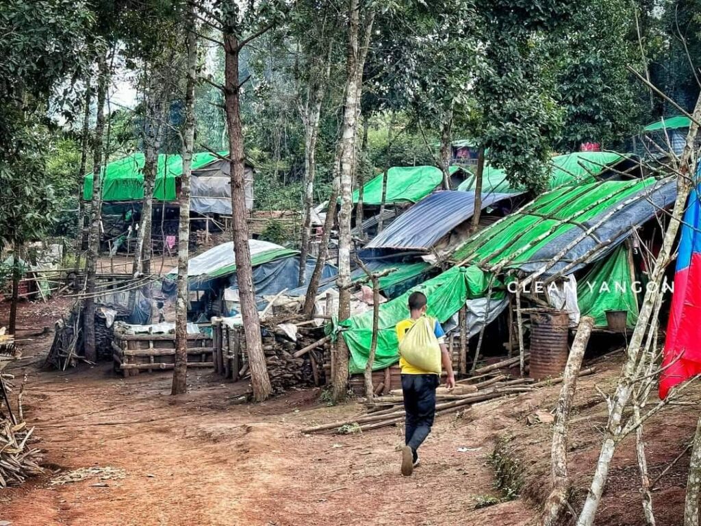(ကရင်နီဒေသစစ်ဘေးရှောင်ပြည်သူများနှင့်၎င်းတို့နေထိုင်နေရသော ယာယီတဲအိမ်များ ဗုံးခိုကျင်များကိုတွေ့ရစဥ်။ဓာတ်ပုံ Clean Yangon ၊ ZATTZ )