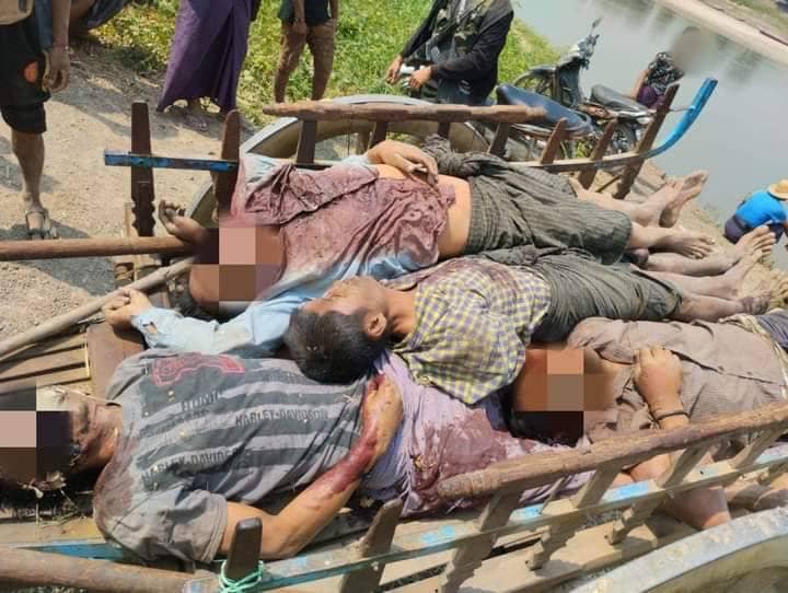 (စစ်ကောင်စီတပ် သတ်ဖြတ်သွားသည့် ဒေသခံများ​၏ ရုပ်အလောင်များအားတွေ့ရစဥ်။ ဓာတ်ပုံ-Cj)