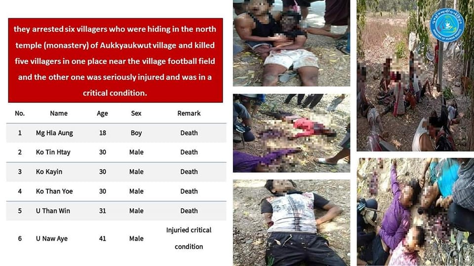(အသတ်ခံရသူပြည်သူ ၅ ဦး၏ အချက်အလက်အကျဥ်းနှင့်မှတ်တမ်းဓါတ်ပုံများ ။ ဂရပ်-NUG-MOHR)
