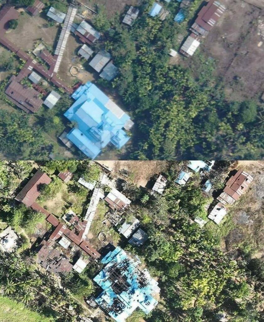 (စစ်ကောင်စီစွန့်ခွာသွားသည့် မဲဝိုင်စခန်းအားတွေ့ရစဥ်။KNLA တပ်မဟာ (၅)ဦး​ဆောင်​သောပူး​ပေါင်းတပ်တိုက်ခိုက်မှု​ကြောင် မဲဝိုင်စခန်းယခင်နှင့် ၂၀၂၃ နှစ်ဆန်းပိုင်းကအ​ခြေအ​နေကို ဒရုန်းမှရိုက်ကူးထားမှု။ ဓာတ်ပုံ - KNU)
