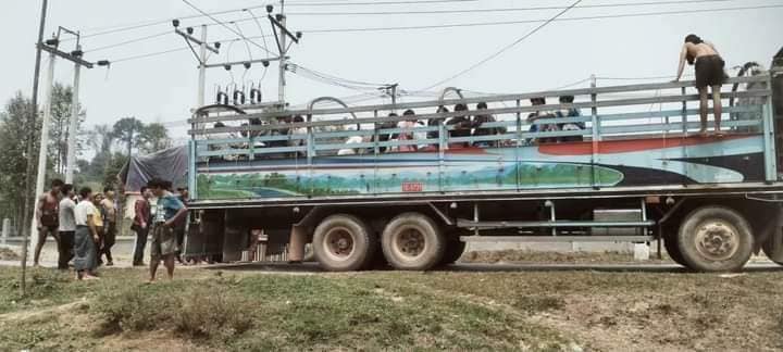 (စစ်ကောင်စီတပ်က ဆိုင်းဖာရာရွာမှ ပြည်သူများကိုလူသားဒိုင်းအဖြစ်အသုံးပြုဖမ်းဆီးခေါ်ဆောင်လာခဲ့သော ၁၂ ဘီးကုန်တင်ကားနှင့် ဖမ်းဆီးခံရာရမှတိုက်ပွဲဖြစ်သဖြင့် လွတ်မြောက်လာပြီးနေရပ်ပြန်ရန်ပြင်ဆင်နေသောပြည်သူများ ။ဓါတ်ပုံ-CJ)