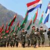 (KNU တပ်ဖွဲ့ဝင်များအား စစ်ရေးပြအခမ်းအနားတစ်ခု၌ တွေ့ရစဉ်။ ဓာတ်ပုံ - KNU)