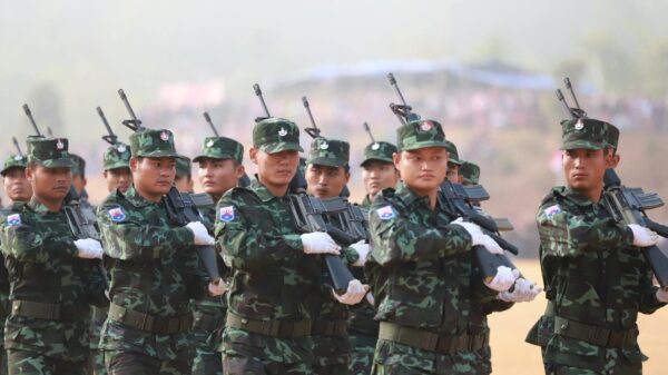 (၂၀၁၉က ထိုင်း - မြန်မာနယ်စပ်တစ်နေရာတွင် ကျင်းပသည့် နှစ်(၇၀)ပြည့် ကရင့်လွတ်လပ်ရေးနေ့ အခမ်းအနားတွင် မြင်တွေ့ရသော KNU တပ်ဖွဲ့ဝင်များ။ ဓာတ်ပုံ - အေအက်ပီ)