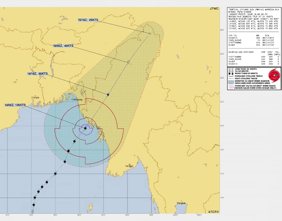 (IMD နှင့် JTWCတို့၏ မိုခါမုန်တိုင်းတိုက်ခတ်ခဲ့သောလမ်းကြောင်း၊တိုက်ခတ်ခဲ့သောလေတိုက်နှုန်းနှင့် ဖြတ်သန်းတိုက်ခိုက်မည့်ခန့်မှန်းချက်/ မုန်တိုင်းကြောင့်စစ်တွေမြို့တွင် မုန်တိုင်းဒီရေများဝင်လာစဥ်။ ဓါတ်ပုံ-CJ)