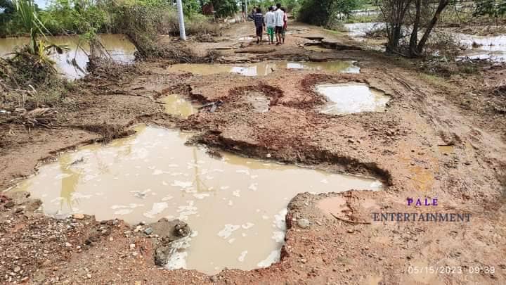 (ခင်ဦးနှင့် ရေဦးနယ်သို့ ဆက်သွယ်ထားသောပျက်စီးသွားသည့် ကိုယ်ထူကိုယ်ထတံတားအား တွေ့ရစဥ်နှင့် ပုလဲနယ်အတွင်း မိုခါမုန်တိုင်းကြောင့် ပျက်စီးဆုံးရှုံးမှုများအား တွေ့ရစဥ်။ ဓာတ်ပုံ - Pale Entertainment၊ KDK)