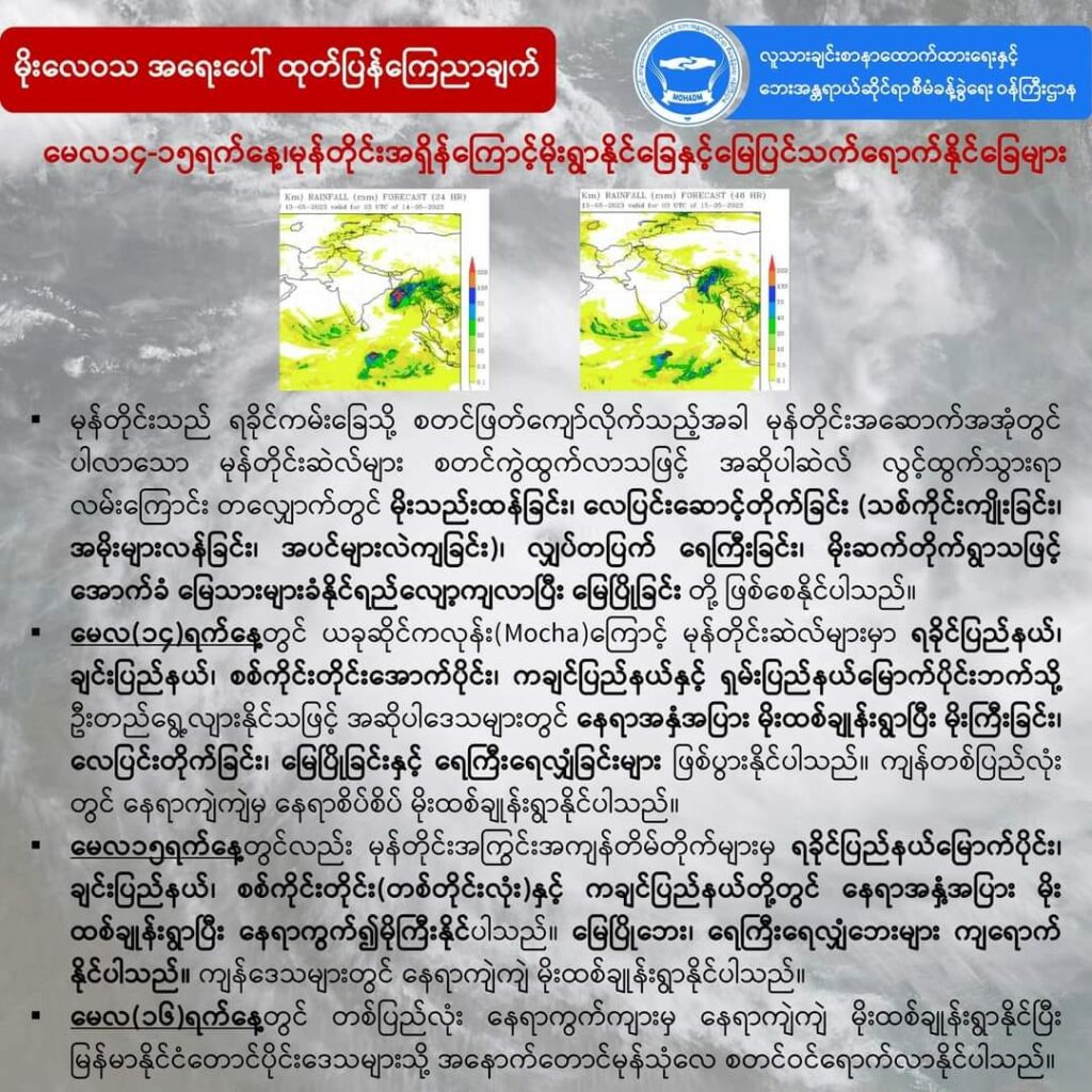 ( မုန်တိုင်းဂြိုဟ်တုပုံနှင့် မုန်တိုင်းလမ်း​ကြောင်းနှင့်​လေတိုက်နှုန်းကိုအိန္ဒိယမိုးဇလခန့်မှန်းချက်/ JTWC ခန့်မှန်းချက်နှင့် NUG-MOHADM ခန့်မှန်းချက်၊သတိ​ပေးချက်များ)
