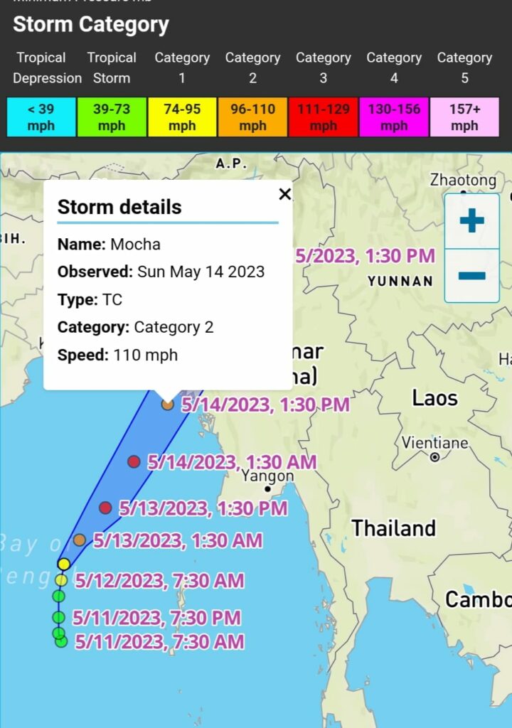 (JTWC ၊ Winderground ၊ IMD တို့၏ မုန်တိုင်းအင်အား၊ဖြတ်သန်းနိုင်သောလမ်းကြောင်းခန့်မှန်းချက်များနှင့် မုန်တိုင်းကို ဂြိုဟ်တုမှ မြင်တွေရသောပုံများဖြစ်ပါသည်)