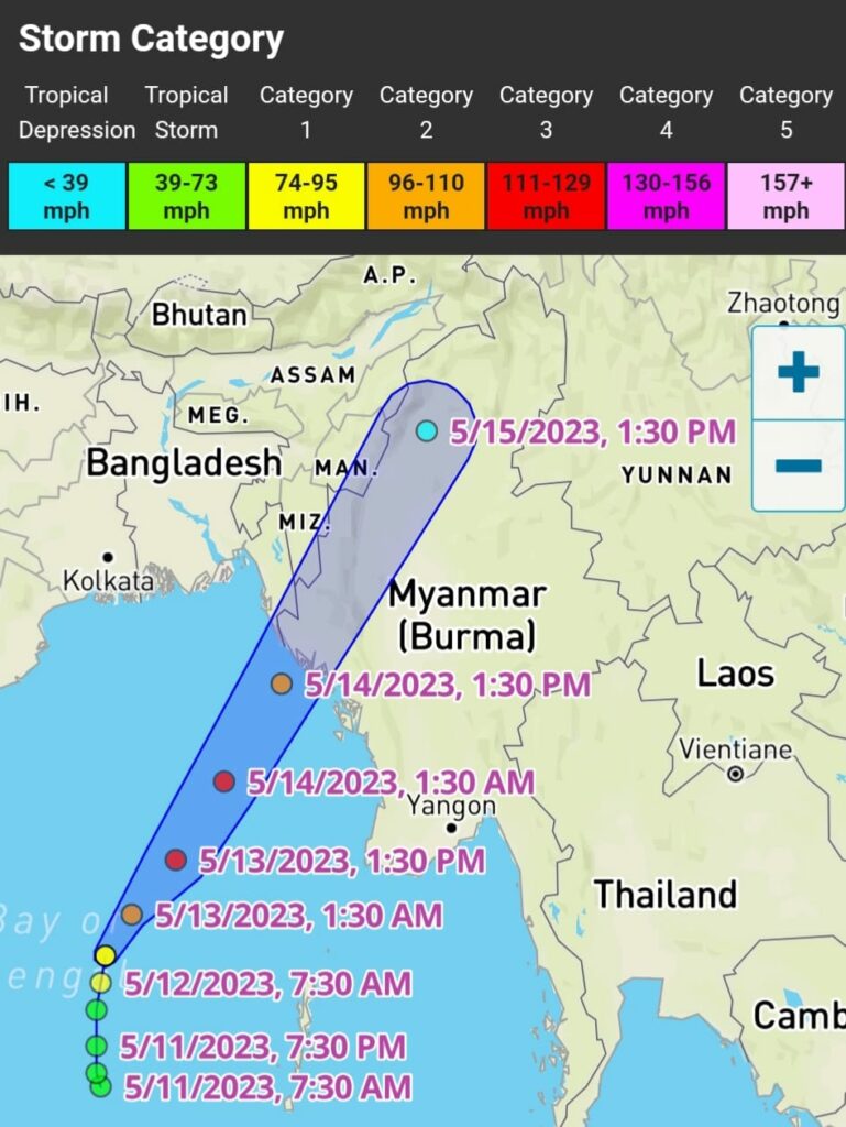 (JTWC ၊ Winderground ၊ IMD တို့၏ မုန်တိုင်းအင်အား၊ဖြတ်သန်းနိုင်သောလမ်းကြောင်းခန့်မှန်းချက်များနှင့် မုန်တိုင်းကို ဂြိုဟ်တုမှ မြင်တွေရသောပုံများဖြစ်ပါသည်)