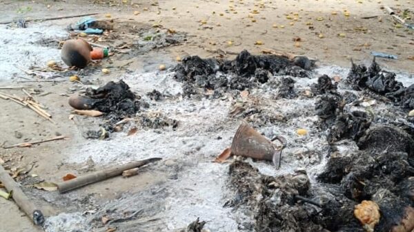 (ပြီးခဲ့သည့် ရက်ပိုင်းက KNU ညောင်လေးပင်ခရိုင် ညောင်ပင်သာရွာမှ ဒေသခံပြည်သူ ၂၀ဦးကို စစ်ကောင်စီတပ်က အစုလိုက်၊အပြုံလိုက် မီးရှိုသတ်ဖြတ်ပြီးနောက် တွေ့ရစဥ်။ ဓာတ်ပုံ - ထန်းတပင် PDF)