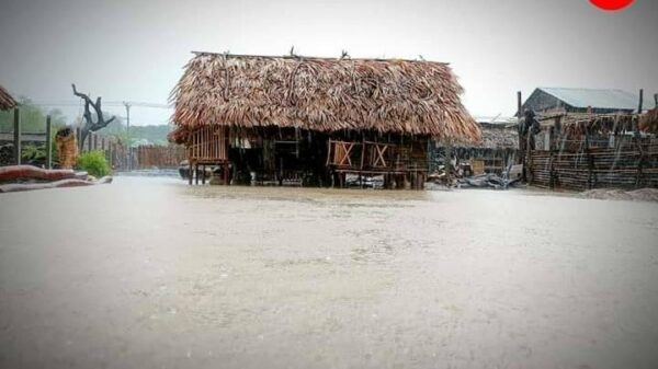 (ယင်းမာပင်နယ်ရှိ ကျေးရွာချင်းဆက်လမ်းများ ပျက်စီးနေသည်ကို တွေ့ရစဥ် နှင့် ဆားလင်းကြီးနယ်ရှိ စစ်ဘေးရှောင်နေအိမ်အချို့ ရေများဝင်ရောက်နေစဥ်။ ဓာတ်ပုံ- ပြည်ထောင်စုလွတ်မြောက်ရေးတပ်ဦး(ဗဟို)၊ အညာပစ်တိုင်းထောင်လေးများ)