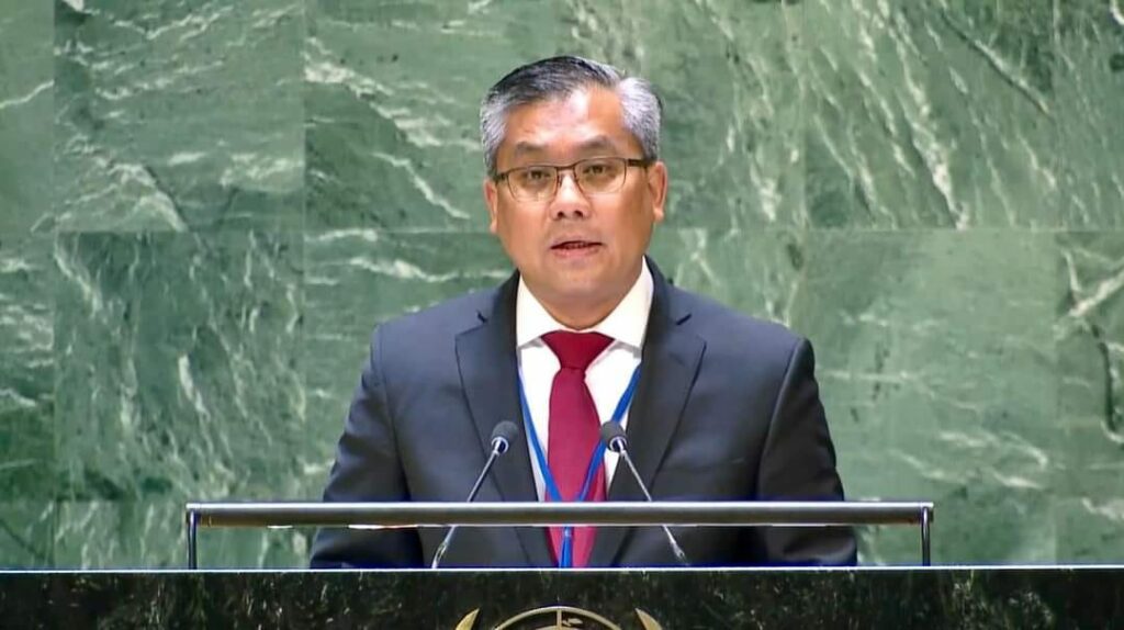 (သံအမတ်ကြီးဦးကျော်မိုးထွန်းက ကုလသမဂ္ဂမျက်နှာစုံညီအစည်းအဝေးတွင်ပြောကြားစဥ်။ ဓါတ်ပုံ-PMOMTTUN)