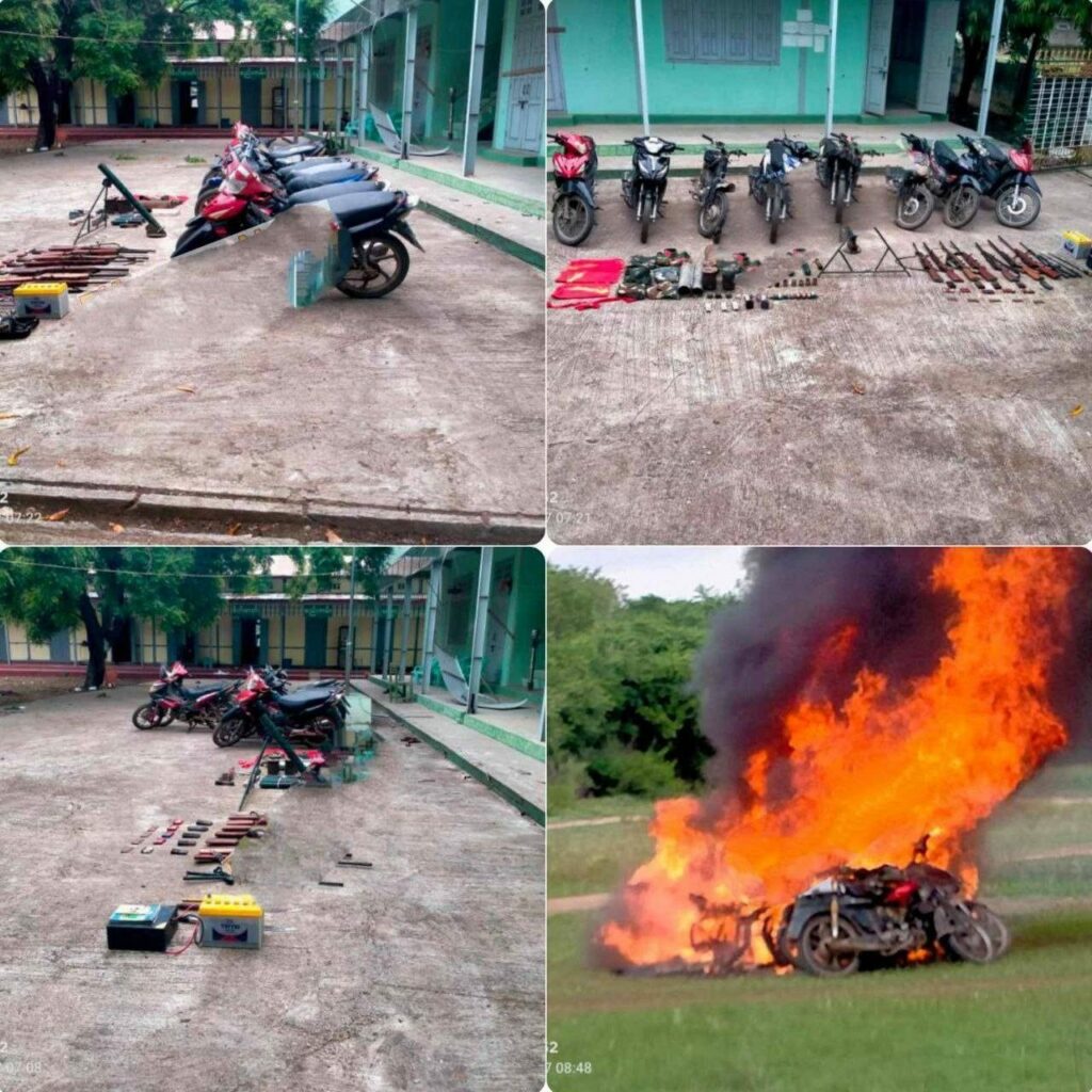 (စစ်အုပ်စုက ထုတ်ပြန်ထားသော ရေကန်စုရွာက သိမ်းဆည်းခဲ့သည့် လက်နက်ခဲယမ်းများအား တွေ့ရစဥ်။ ဓာတ်ပုံ - စကစ)