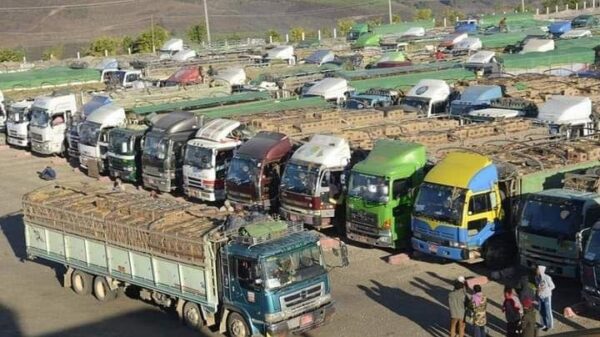 (မြန်မာ-တရုတ်နယ်စပ်အဓိကနယ်စပ်ကုန်သွယ်​ရေးစခန်းဖြစ်​သောမူဆယ်ကုန်သွယ်​ရေးဇုန်တွင် ရပ်ထား​သော တရုတ်သို့ပို့ကုန်များတင်ပို့မည့်ကုန်တင်ကားများ/ပုံအ​ဟောင်းဖြစ်ပါသည်။ဓါတ်ပုံ-CJ)