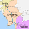 (အိန္ဒိယ-မြန်မာ-ထိုင်း သုံးနိုင်ငံအ​ဝေး​ပြေးလမ်း​မြေပုံနှင့်မြန်မာ-အန္ဒိယနယ်စပ် ကို​တွေ့ရစဥ်။ဓါတ်ပုံ-ရိုက်တာ)