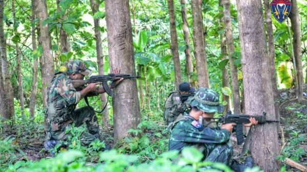 (​ကော်ဘရာစစ်​ကြောင်းမှ တပ်ဖွဲ့ဝင်အချို့ နှင့်စစ်​ကောင်စီလက်နက် ကြီးကျည်​ကြောင့် သစ်ပင်တစ်ပင်ကျိုးကျ​နေမှု။ ဓါတ်ပုံ-Cobra Column)