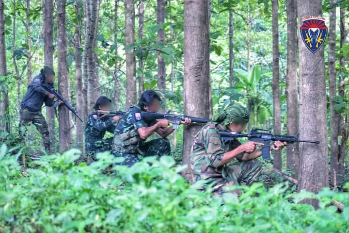 (စစ်ကောင်စီတပ်အား တိုက်ခိုက်နေသော ကော်ဘရာပူးပေါင်းတပ်မှ ရဲဘော်များအား တွေ့ရစဉ်။ ဓာတ်ပုံ - ကော်ဘရာ)
