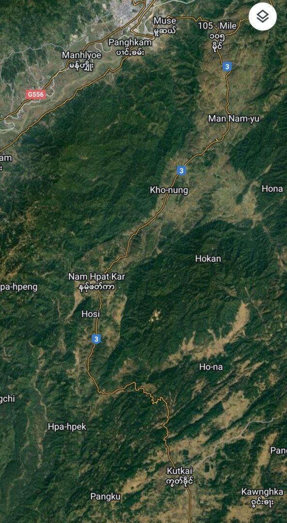 (နမ့်ဖက်ကာရွာနှင့်အနီးဝန်းကျင်ဒေသကို Google Map တွင်တွေ့ရမှု / TNLA တပ်ဖွဲ့ဝင်များ ။ဓါတ်ပုံ-BNI)