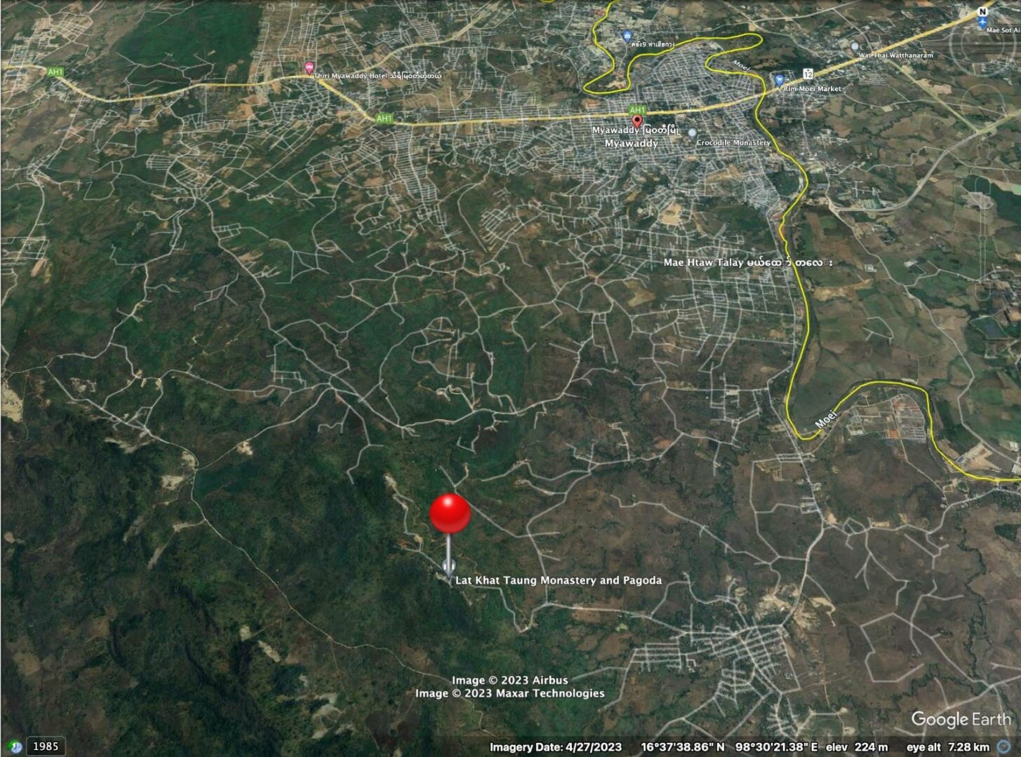 လက်ခတ်တောင်နှင့် မြဝတီမြို့တို့ကို Google Map တွင်တွေ့ရမှု