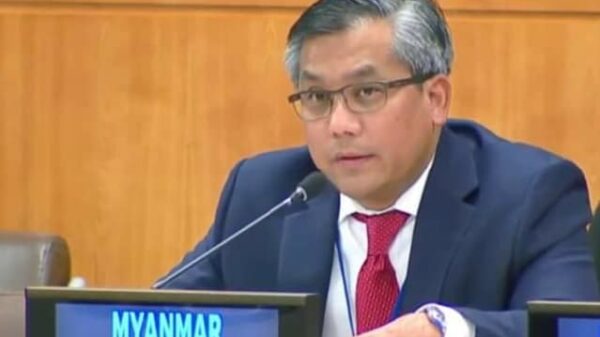 (သံအမတ်ကြီးဦးကျော်မိုးထွန်းက ကုလသမဂ္ဂတွင်​ပြောကြား​နေစဥ် ။ ဓါတ်ပုံ- PMOMTTUN)