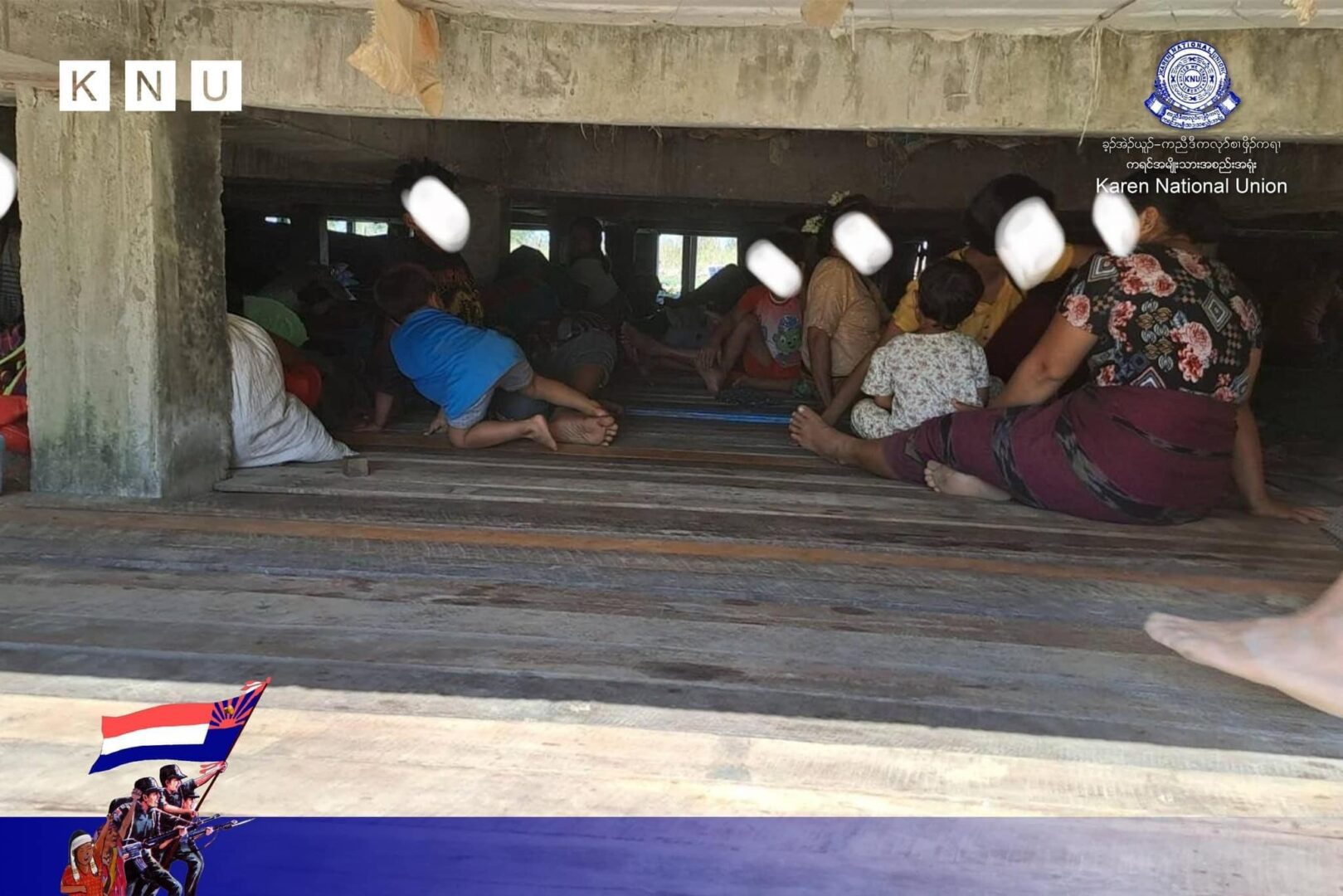 (စစ်ကောင်စီတပ် လေကြောင်းတိုက်ခိုက်မှုကြောင့် နေအိမ်များ ပျက်စီးမှုများနှင့် ဘေးလွတ်ရာတိမ်းရှောင်နေရသော ပြည်သူများအား တွေ့ရစဉ်။ ဓာတ်ပုံ - KNU)