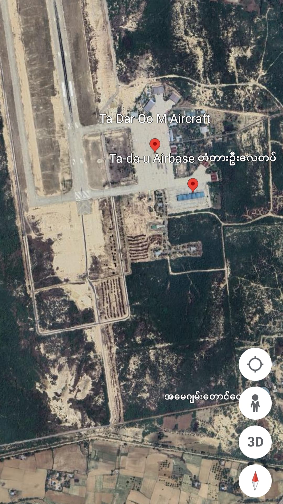 (စစ်ကောင်စီ​၏ တံတားဦးလေတပ်စခန်းကို Google Earth တွင်တွေ့ရမှု)
