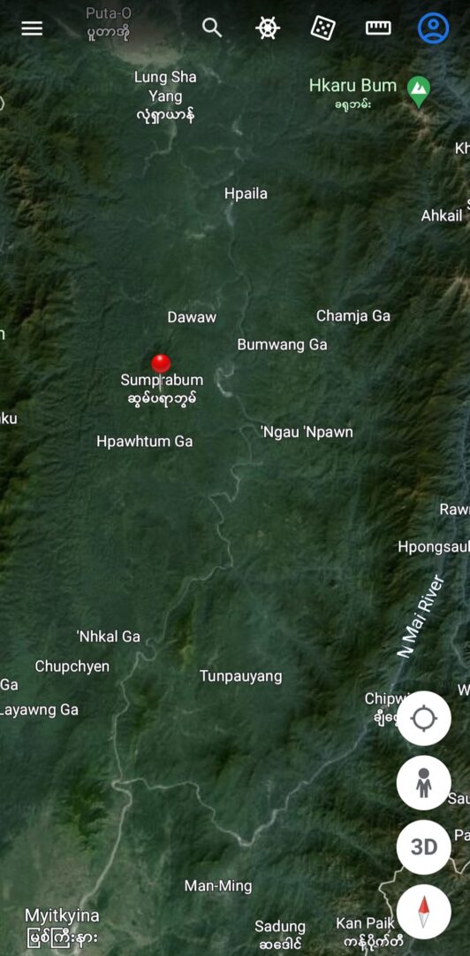 (ကချင်လွတ်လပ်ရေးတပ်မတော်(KIA)မှ တပ်ဖွဲ့ဝင်များ/ဆွမ်ပရာဘွမ်မြို့ကို အပေါ်စီးမှမြင်တွေ့ရစဥ်နှင့် ဆွမ်ပရာဘွမ် အပါအဝင် ကချင်ပြည်နယ်မှ မြို့အချို့ကို Google Earth တွင်တွေ့ရမှု။ ဓာတ်ပုံ - NYT၊KNG ၊CJ)