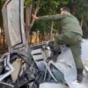 (​ကော်ဘရာပစ်ချခဲ့​​သော Eurocopter 365 ရဟတ်ယာဥ်ပျက်ကို ​စစ်ဆင်​ရေးမှူး ဗိုလ်ဒါ​​ဘောကြည့်ရှု​နေစဥ်။ဓါတ်ပုံ-Saw Kaw)