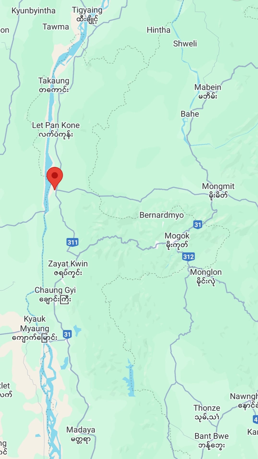 (မိုးမိတ်-တွင်းငယ် လမ်းကို Google Map တွင်​တွေ့ရမှု)