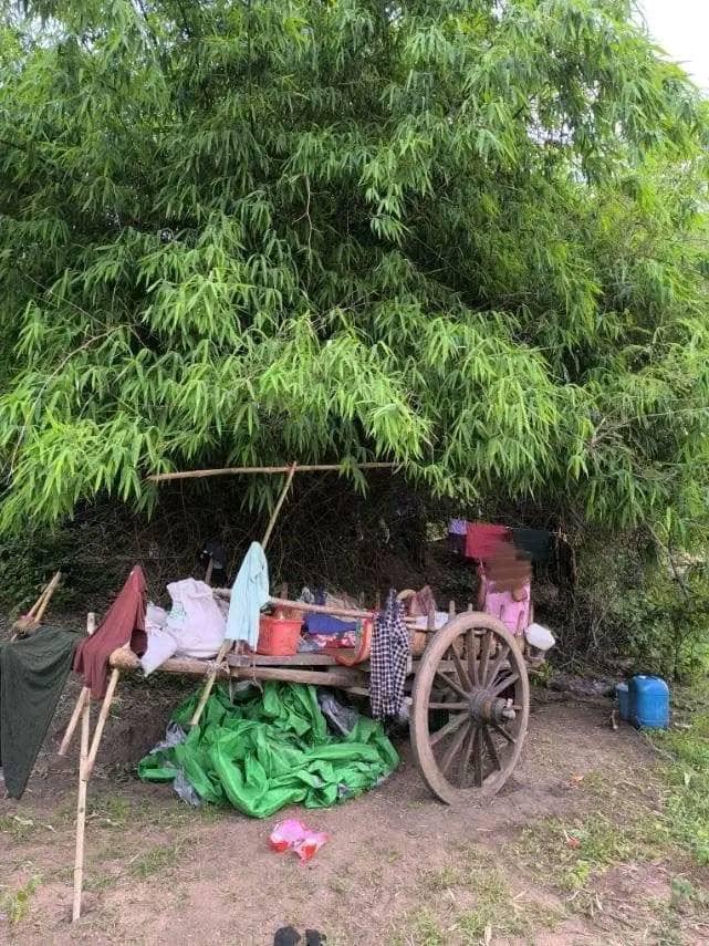 (တိုက်ပွဲများကြောင့် ထွက်ပြေးတိမ်းရှောင်နေသော ပြည်သူများအား တွေ့ရစဥ်။ ဓာတ်ပုံ-ရောင်နီနွေဦး၊ ကင်းထောက်မြေပြင်သတင်းမှန်ပြန်ကြားရေး(စဥ့်ကူး))