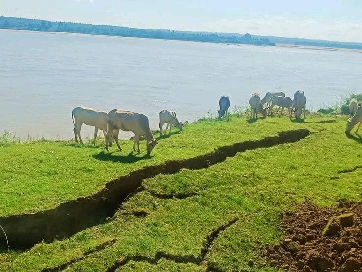 (ကနီမြို့နယ်ရှိ ချင်းတွင်းမြစ်ကမ်းပြိုကျမှုကြောင့် အဓိက ကုန်ထုတ်လမ်းပိုင်း ပျက်စီးနေသည်ကို တွေရစဥ်။ဓာတ်ပုံ-Pyae Aung Naing-Kani)