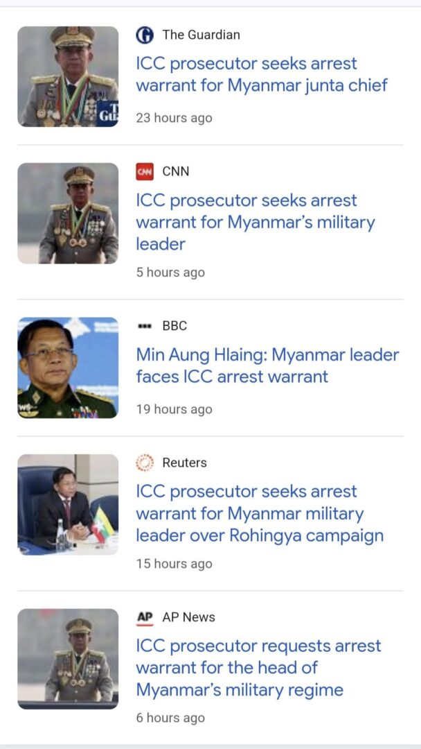 ICC တွင်ဖမ်းဝရမ်းထုတ်ပေးရန် စတင်လျှောက်ထားသောသတင်းကိုနိုင်ငံတကာမီဒီယာအချို့တွင်ဖော်ပြထားသောခေါင်းစီးများ